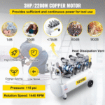 Compresseur d’Air Silencieux VEVOR 100 L – 3 CV, Sans Huile, 8 Bar, 495 L/min – Moteur Cuivre – Image 3